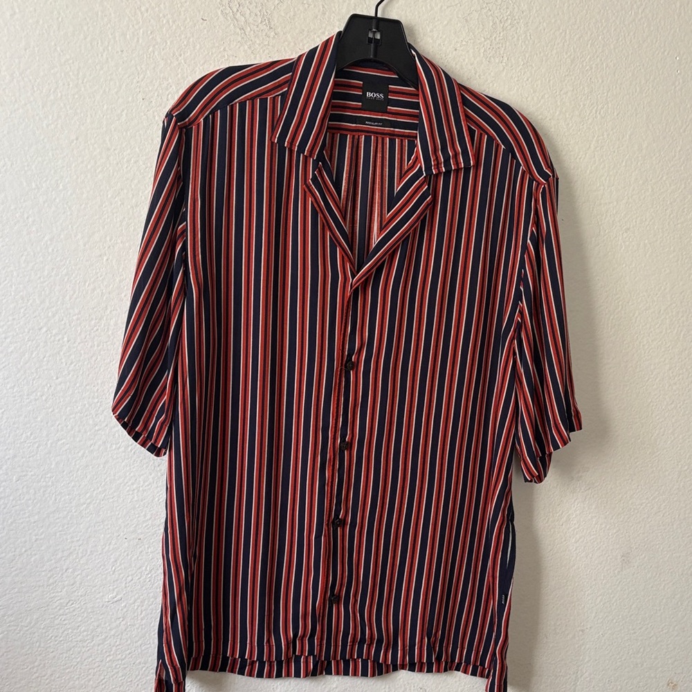Boss Men's Red and Black Striped Casual Button Down Shirt
